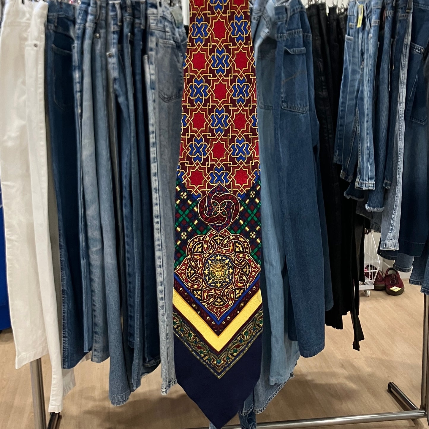 gianni versace 90s multicolor silk tie with geometric medusa print