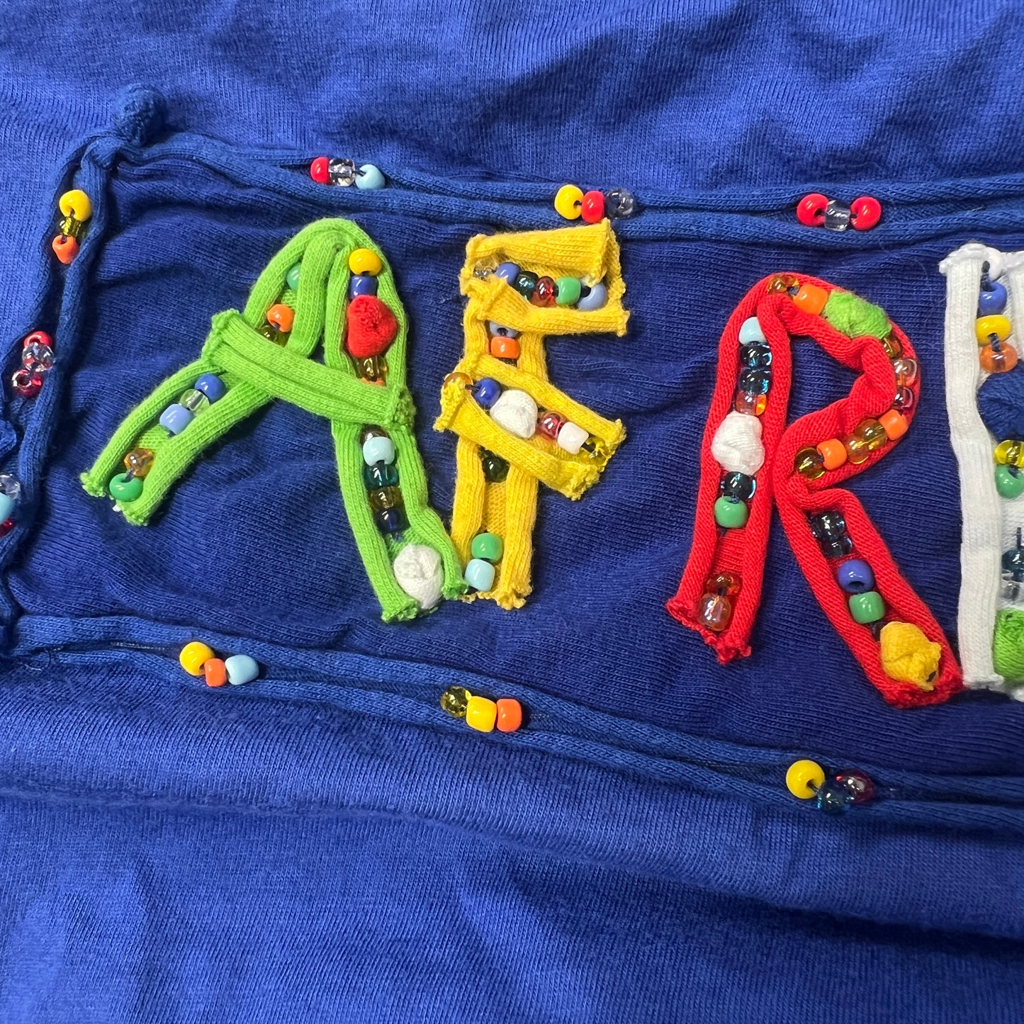 00s blue tank top with multicolor beaded africa patch