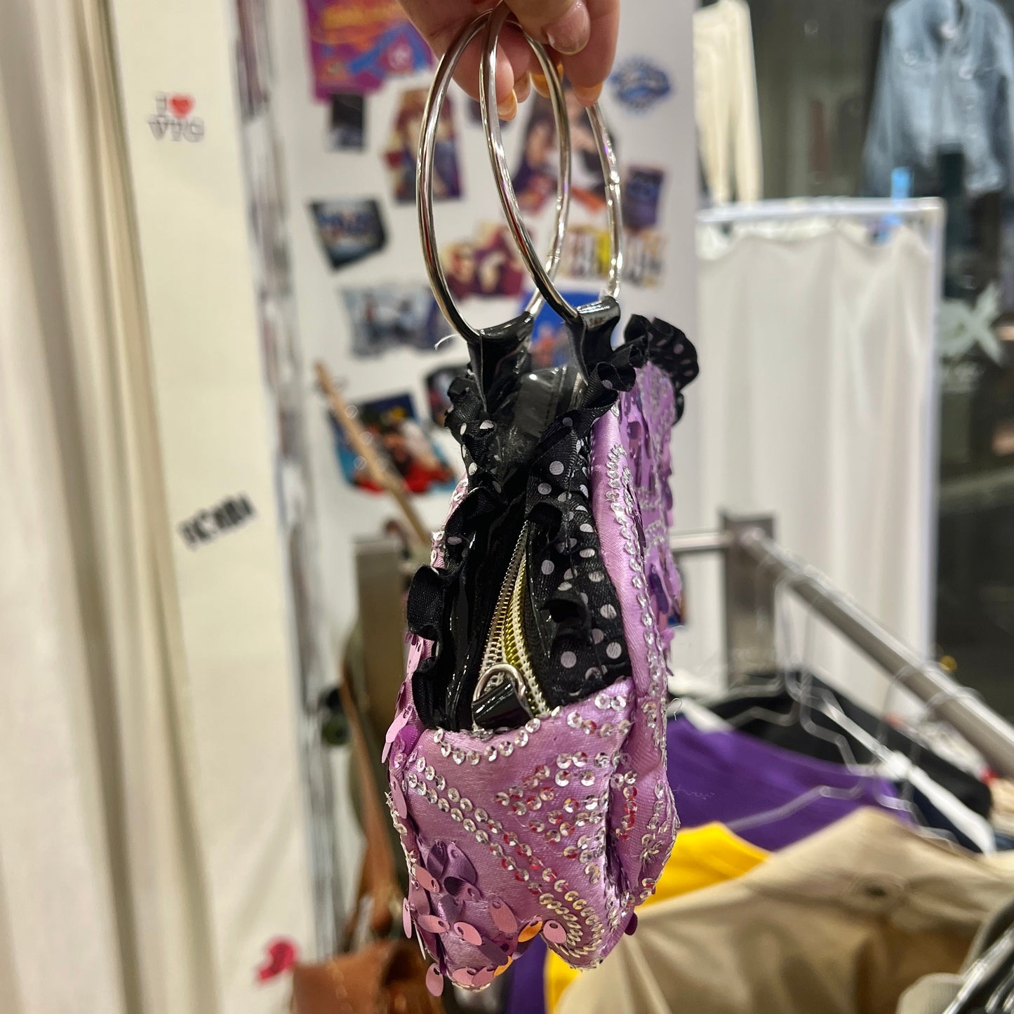 00s purple sequins mini handbag with silver rhynestones and metal hoop handle