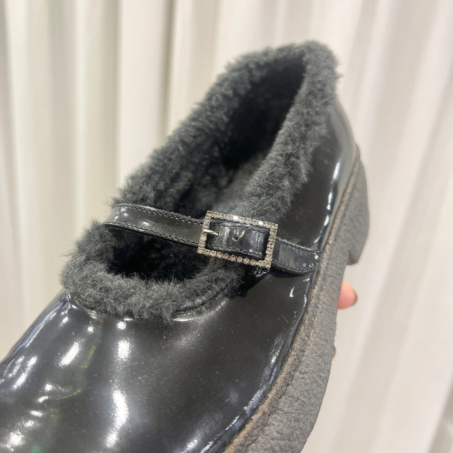 pollini 00s black patent leather platform mary janes with fur