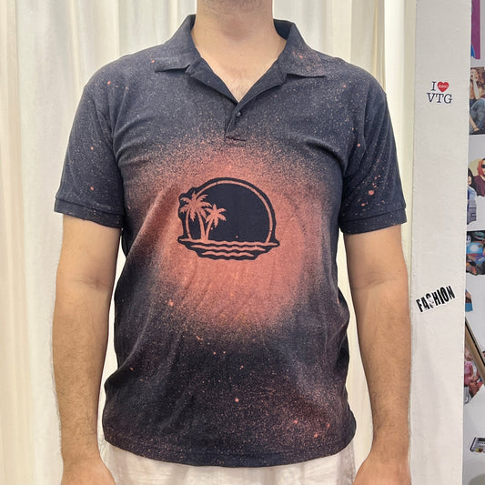 reworked navy blue polo tshirt with island sunset bleach print