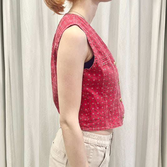 exence 90s red denim button up vest with mini floral print