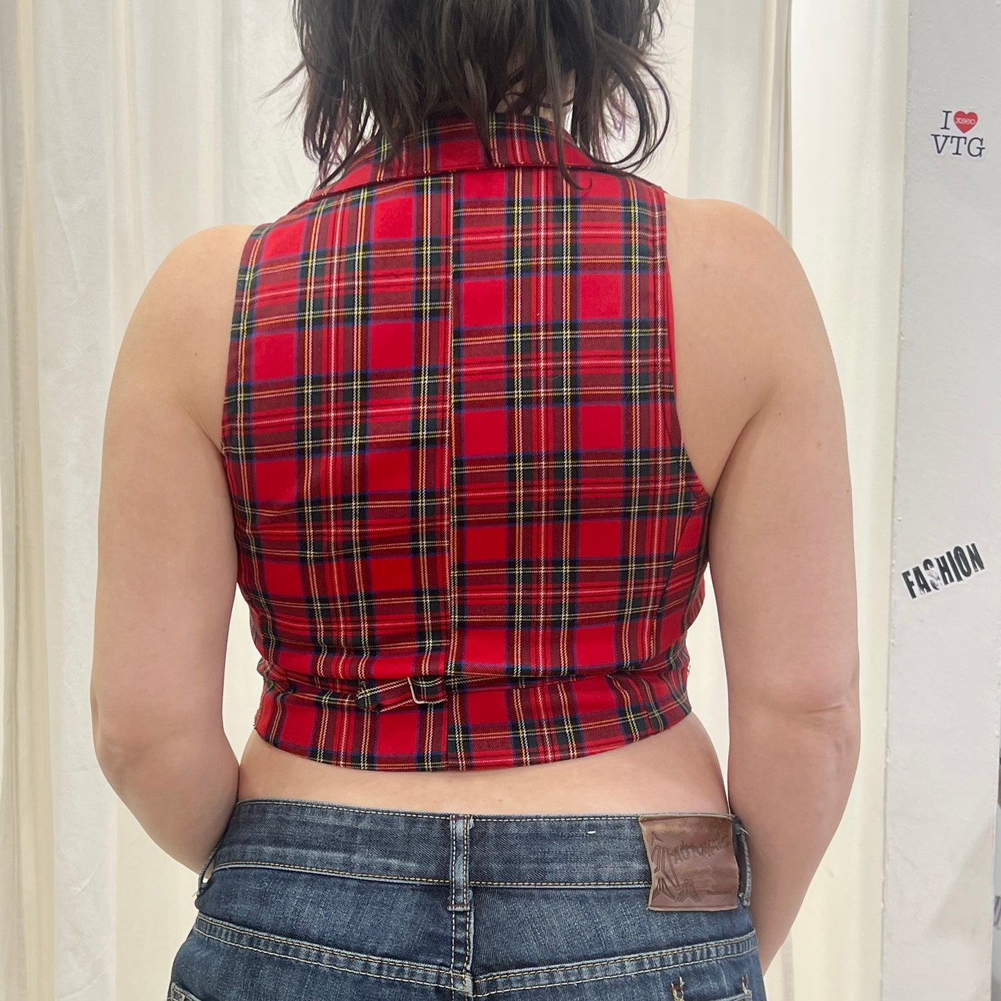00s red plaid tartan wool crop vest