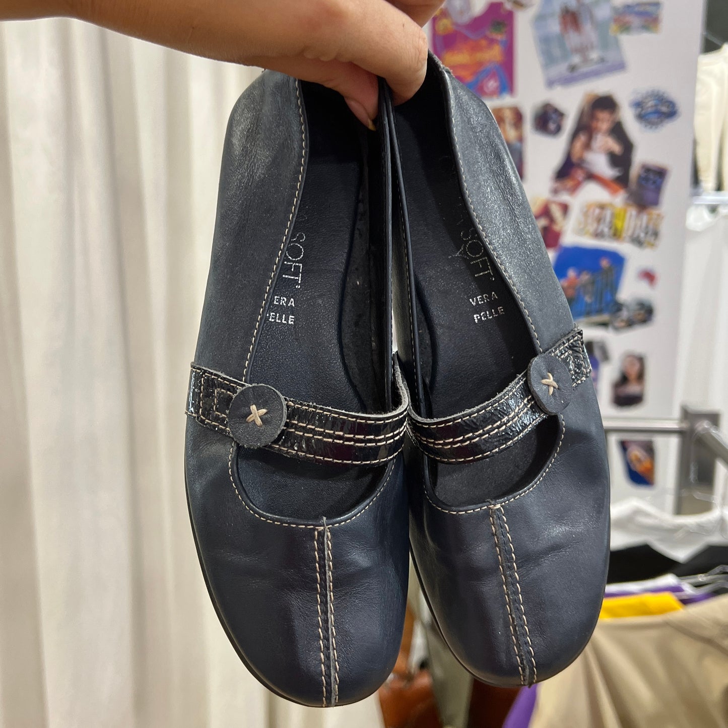 navy blue leather mary jane ballet flats