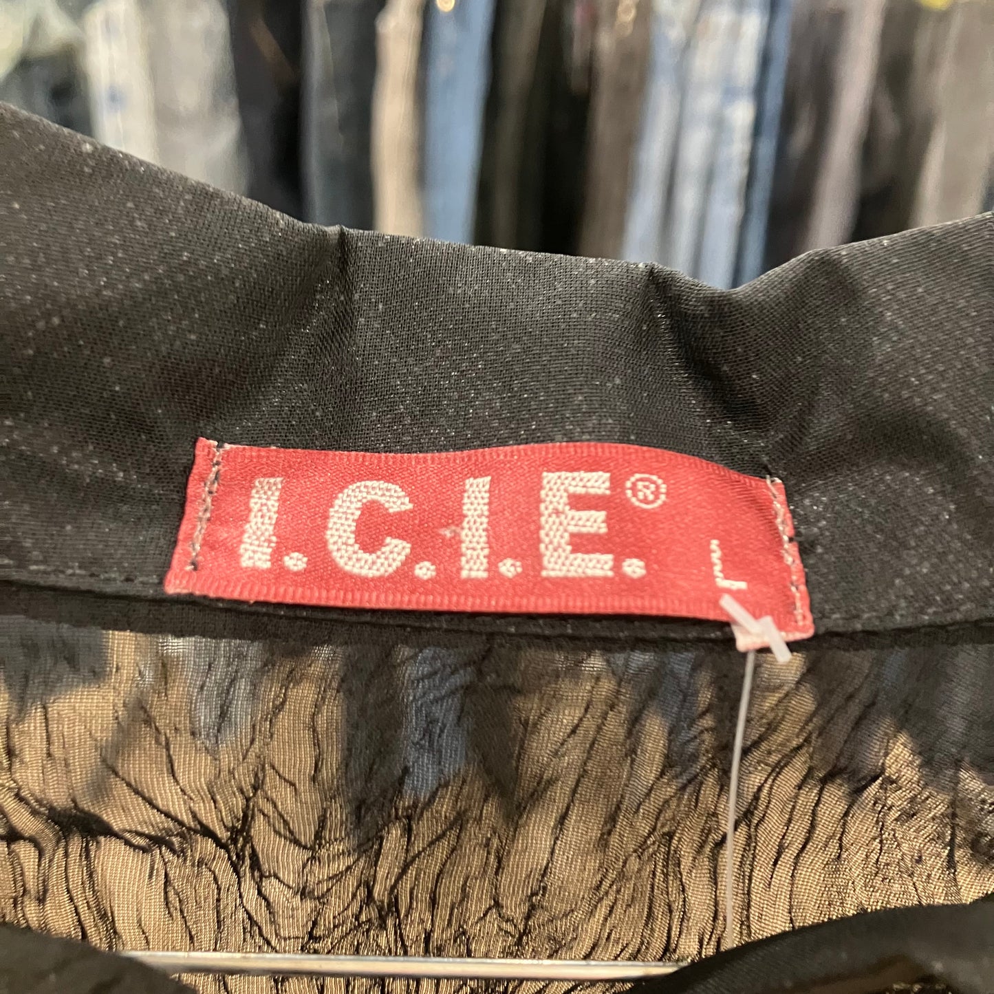 I.C.I.E. 90s black sheer silk crinkled shirt with sequin embroidery