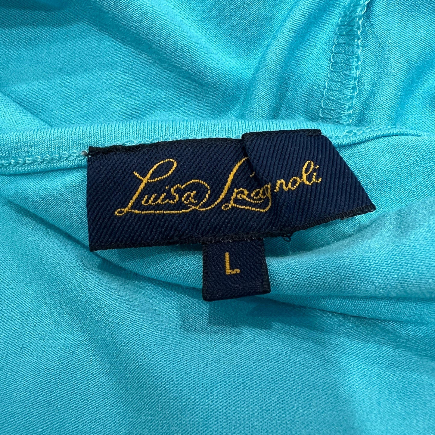 luisa spagnoli 00s blue off the shoulder 3/4 top with gold chain straps
