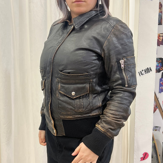 '10s brown leather bomber jacket with wool lining