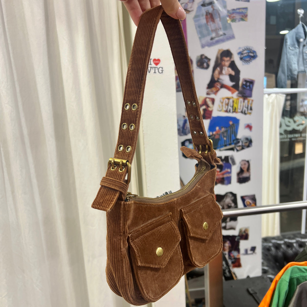 brandy melville brown corduroy mini shoulder bag with pockets