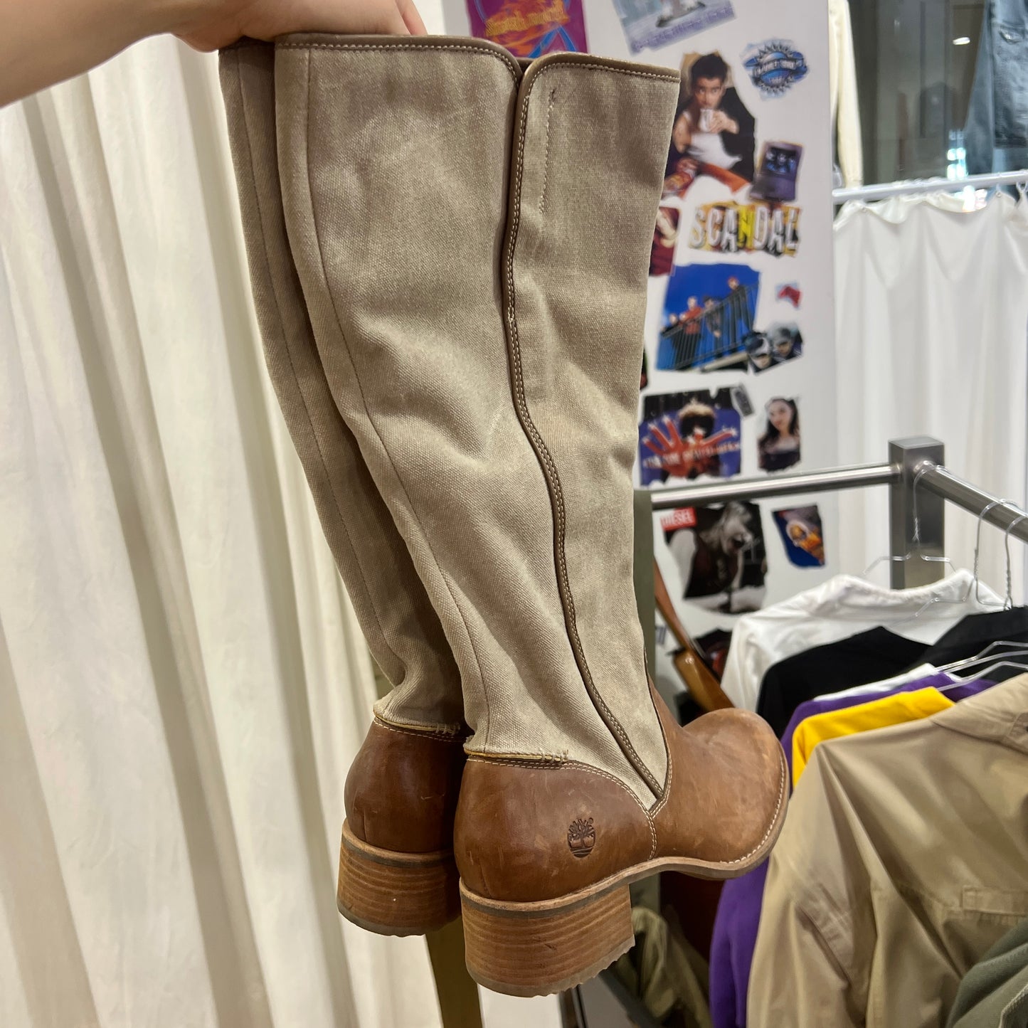 timberland brown leather beige canvas knee high equestrian boots