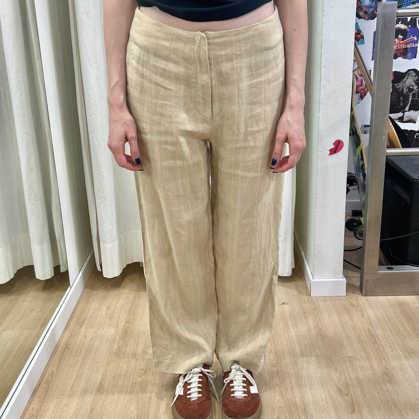 andrea mare 00s beige pinstripe linen wide leg pants