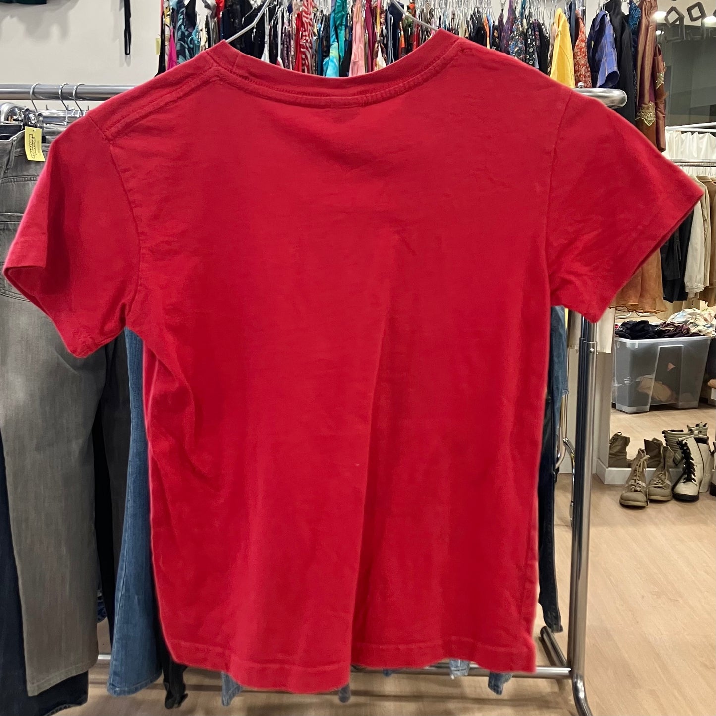 more red tshirt with blue octopus graphic
