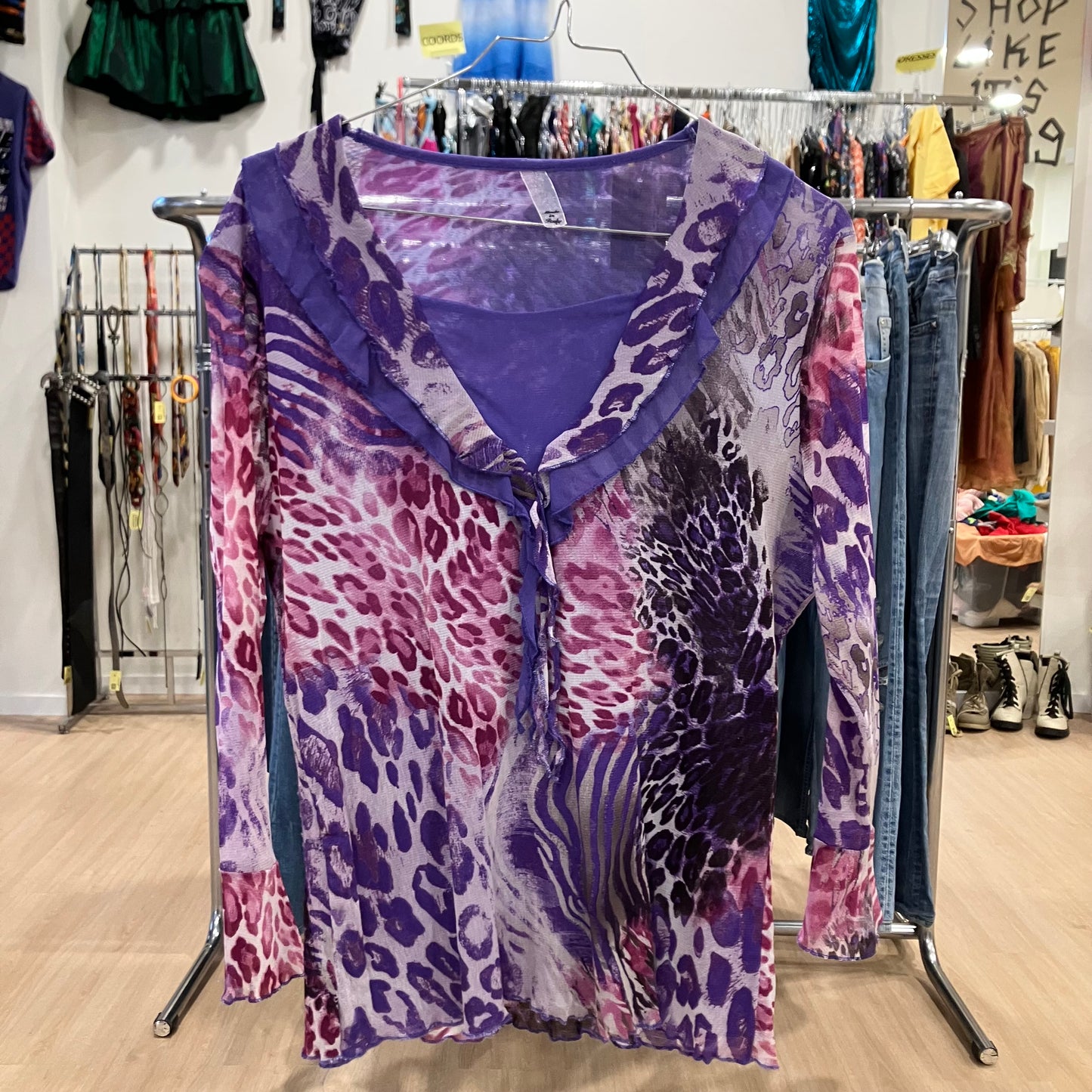 made in italy mesh purple leopard print frilled blouse