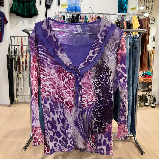 made in italy mesh purple leopard print frilled blouse