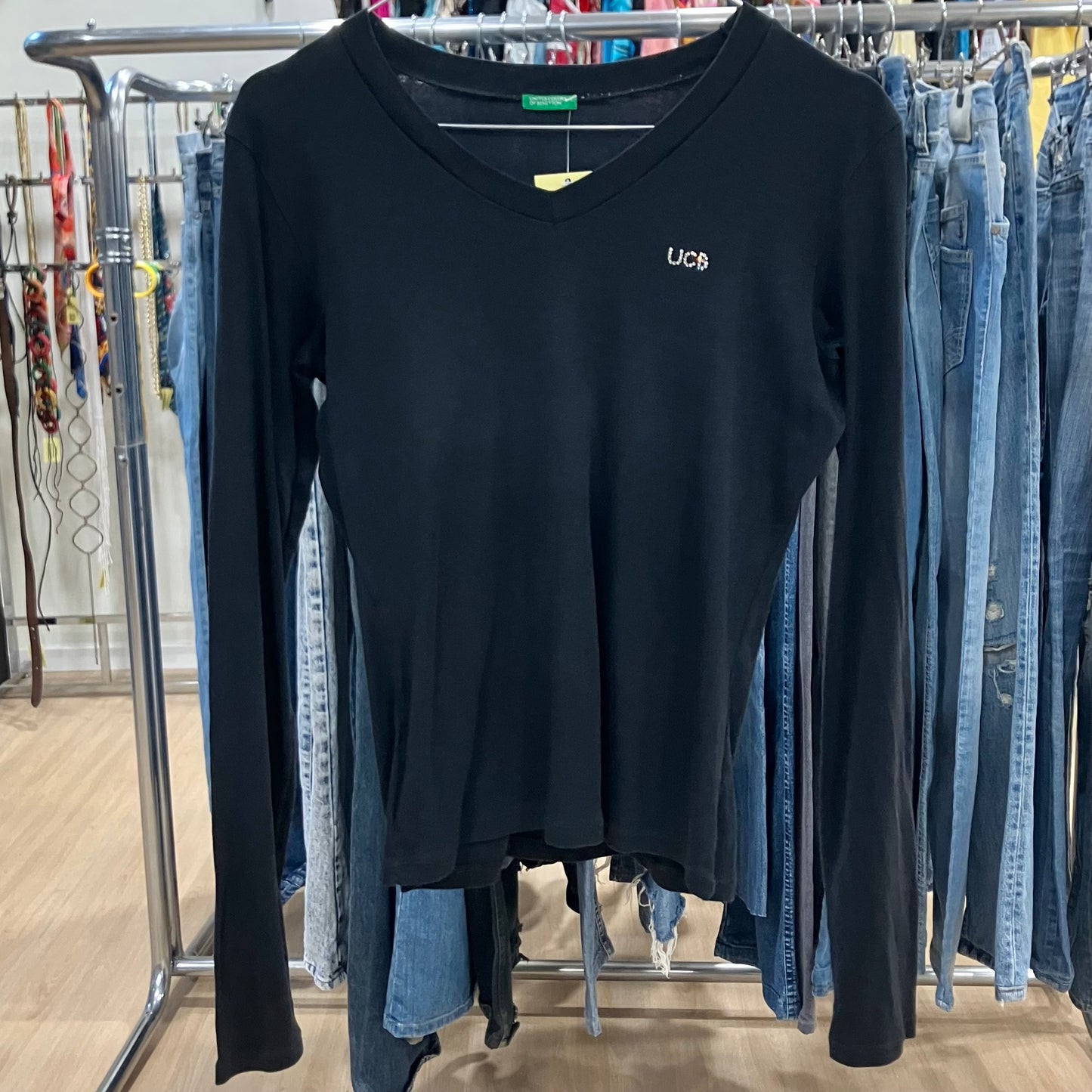 benetton '00 maglia maniche lunghe nera logo ucb brillantini