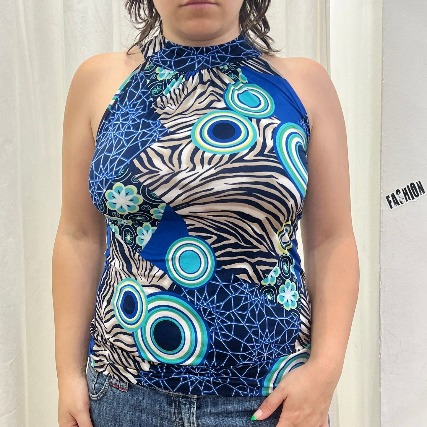 rinascimento 00s blue geometric and zebra print halter top
