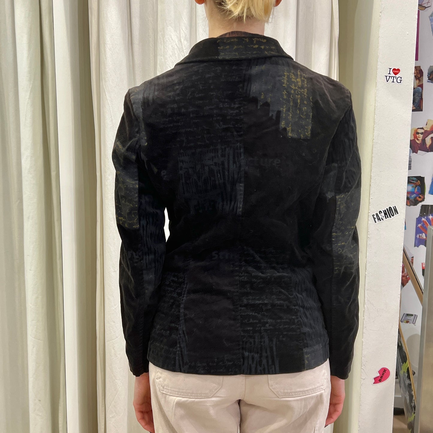 00s black corduroy blazer with grey writing