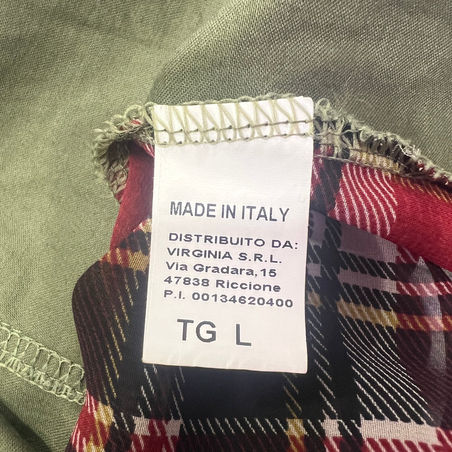 massimo rebecchi 00s army green shirt with sheer red checkprint plaid back panel
