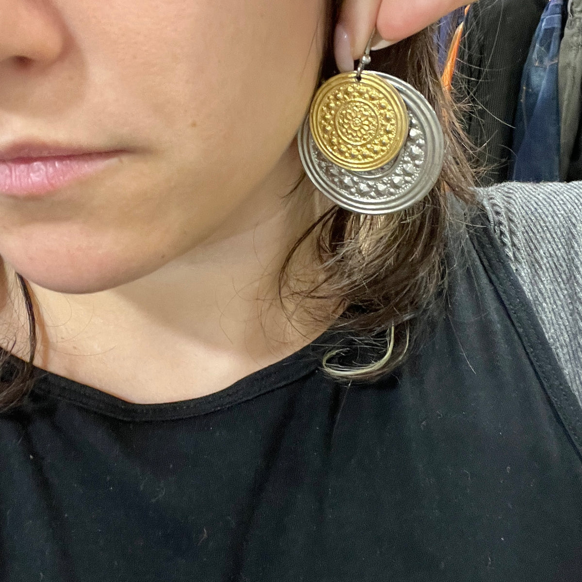 silver gold embossed medallion earrings