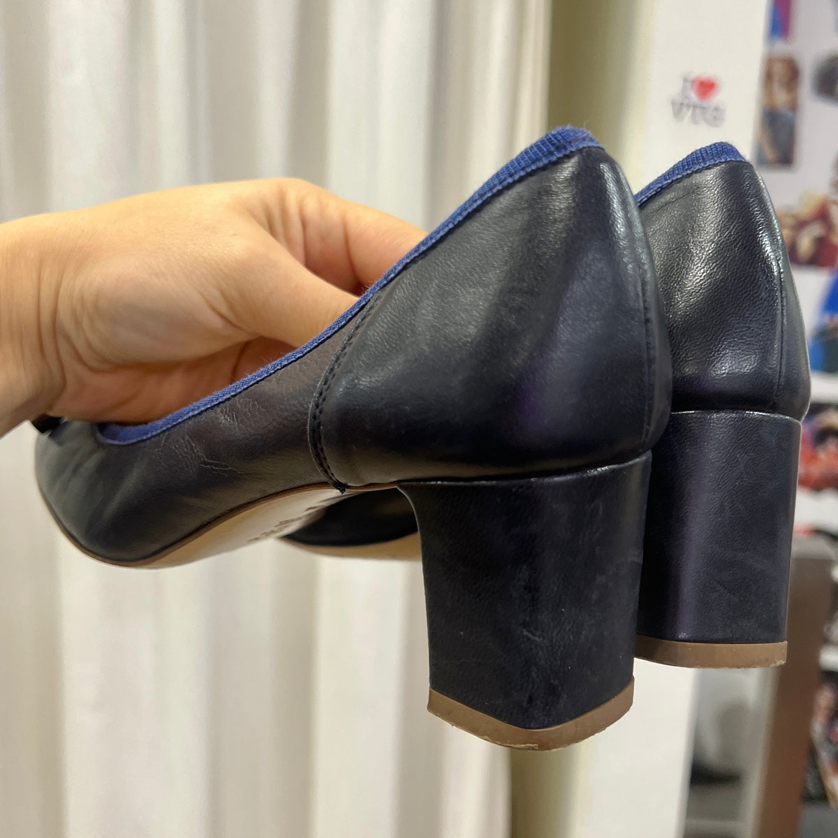 sandro violet navy leather chunky heel square tip ballet flats