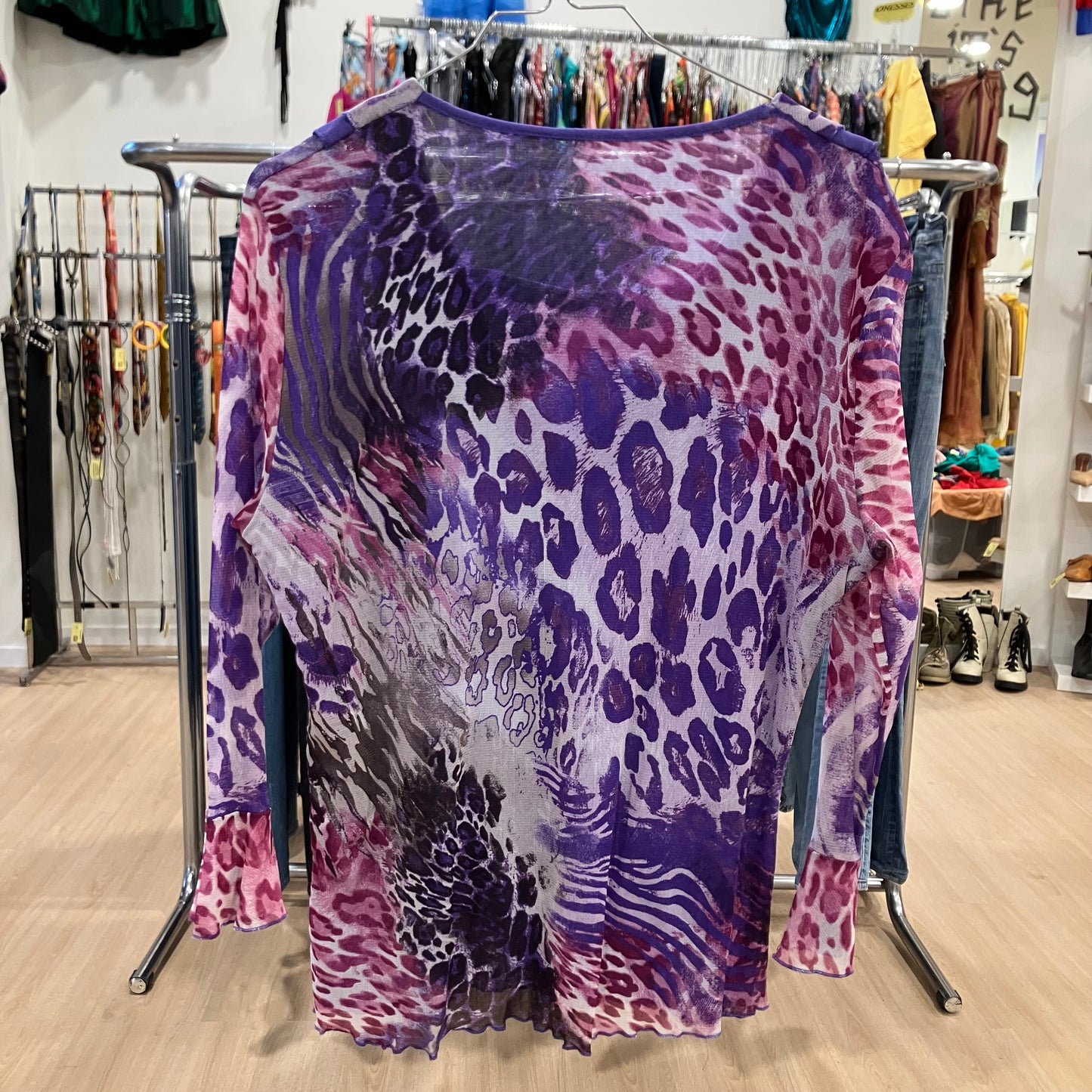 made in italy mesh purple leopard print frilled blouse