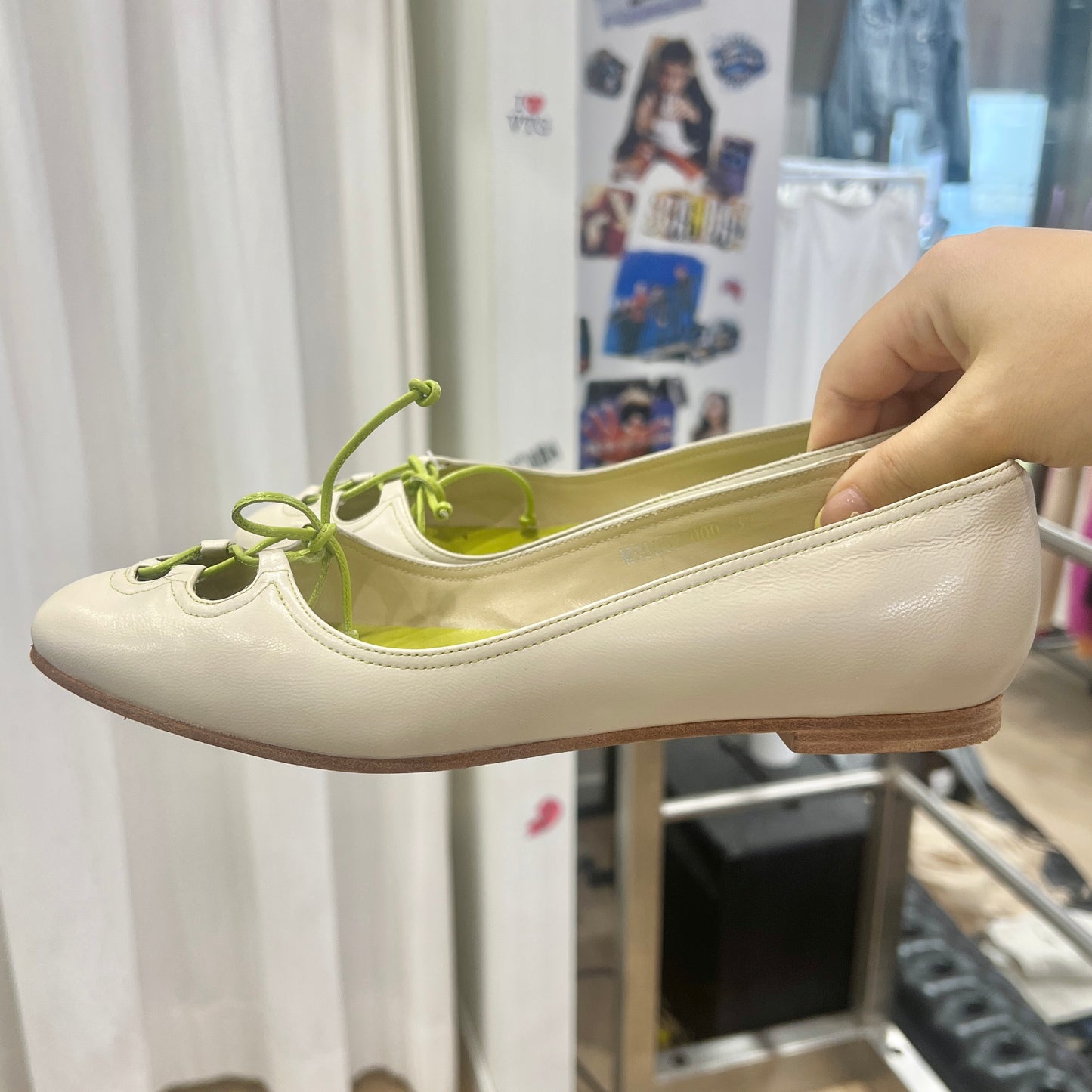 mila schon white leather lime green interior ballet flats