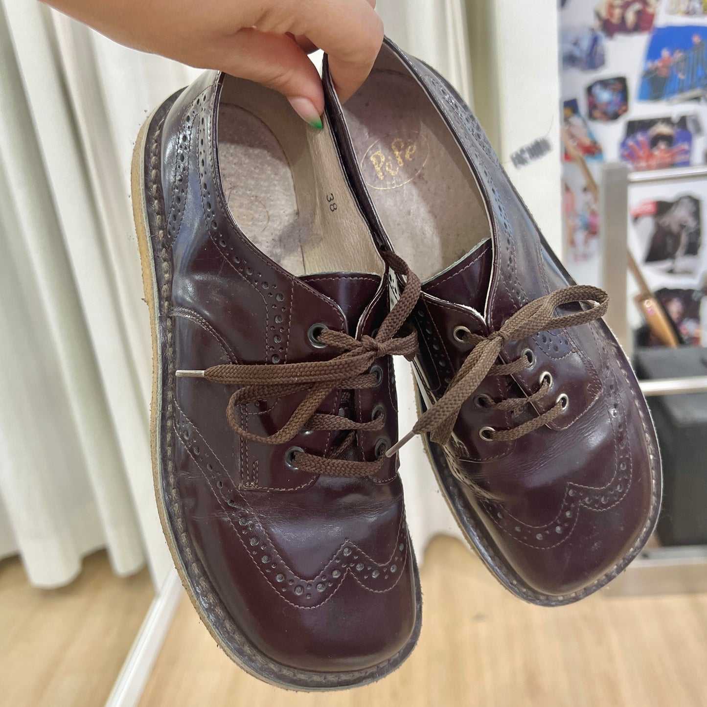 00s brown brogue polished leather soft-squared tip oxford shoes