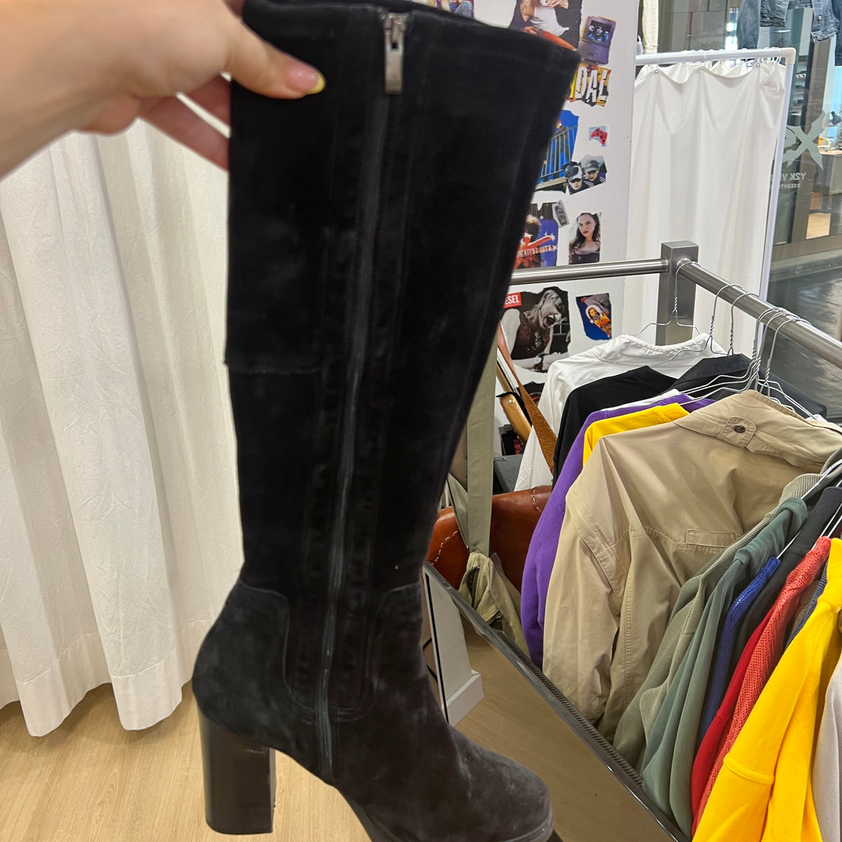 peperosa dark brown suede knee high round toe chunky heel boots