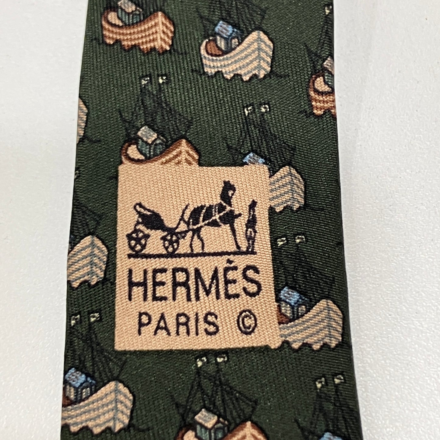 hermes 90s army green silk tie with sailing boats print