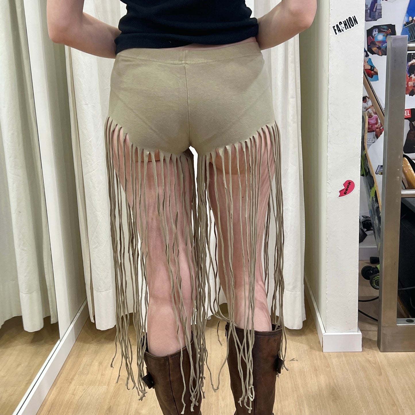 reworked tan capri leggings with fringes