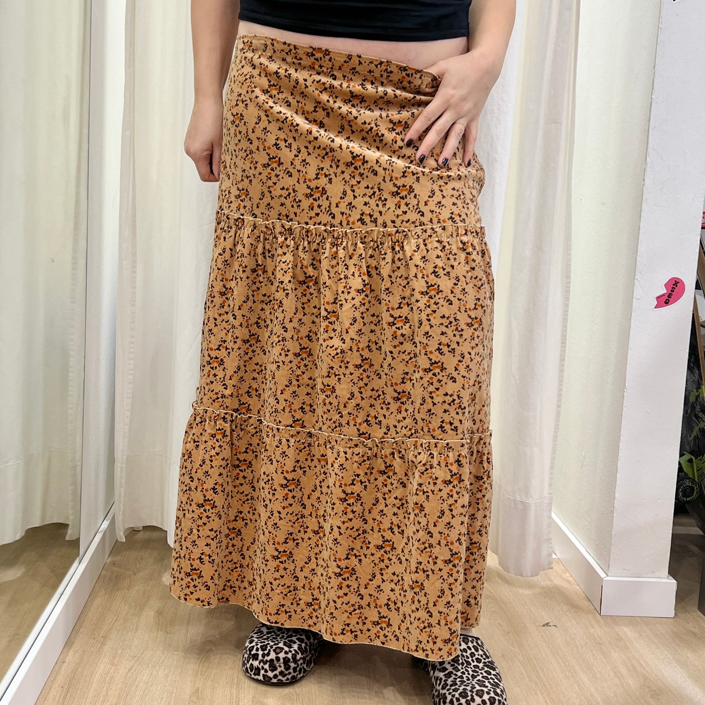 00s handmade tan corduroy velvet maxi skirt with floral print