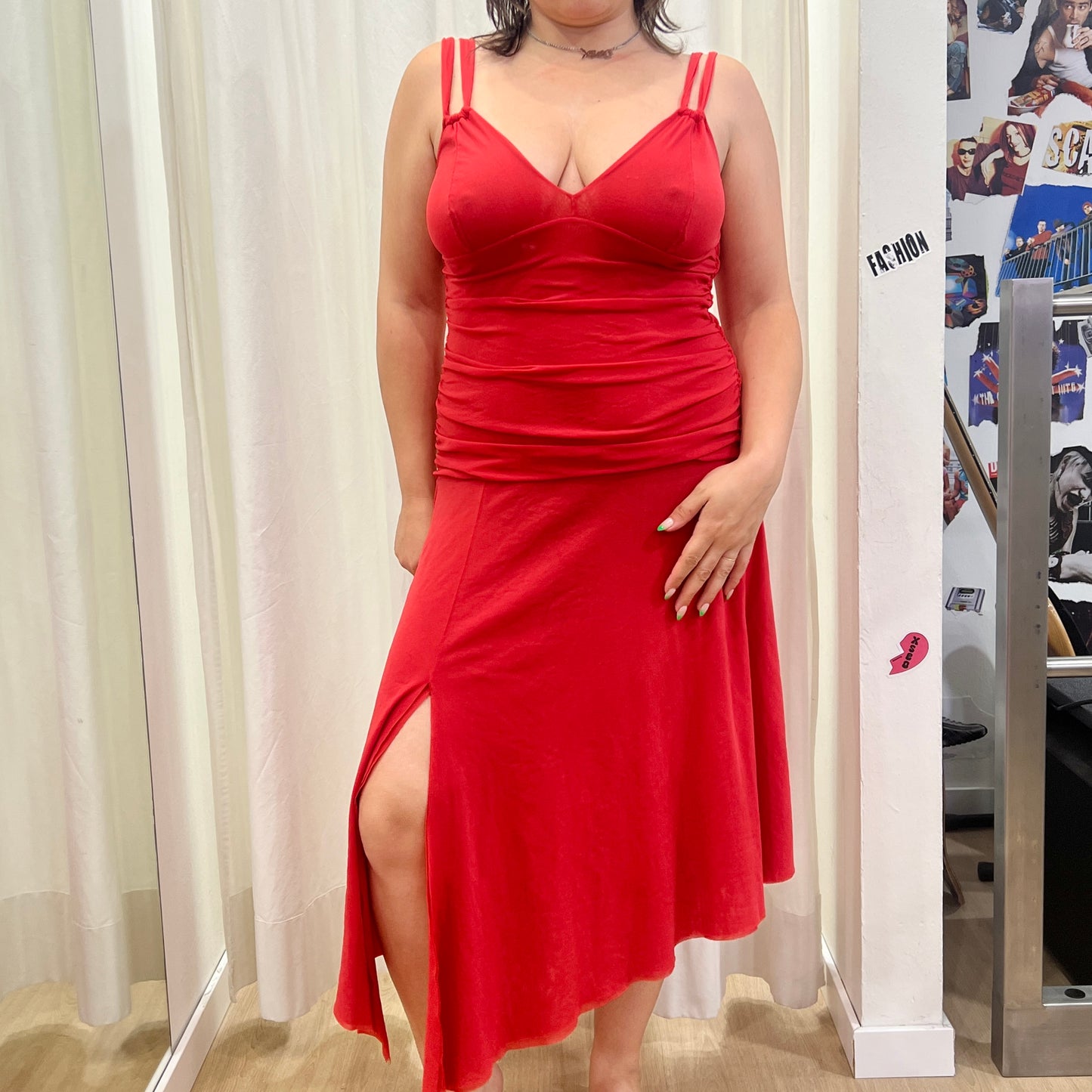 00s red mesh asymmetrical midi dress with slit