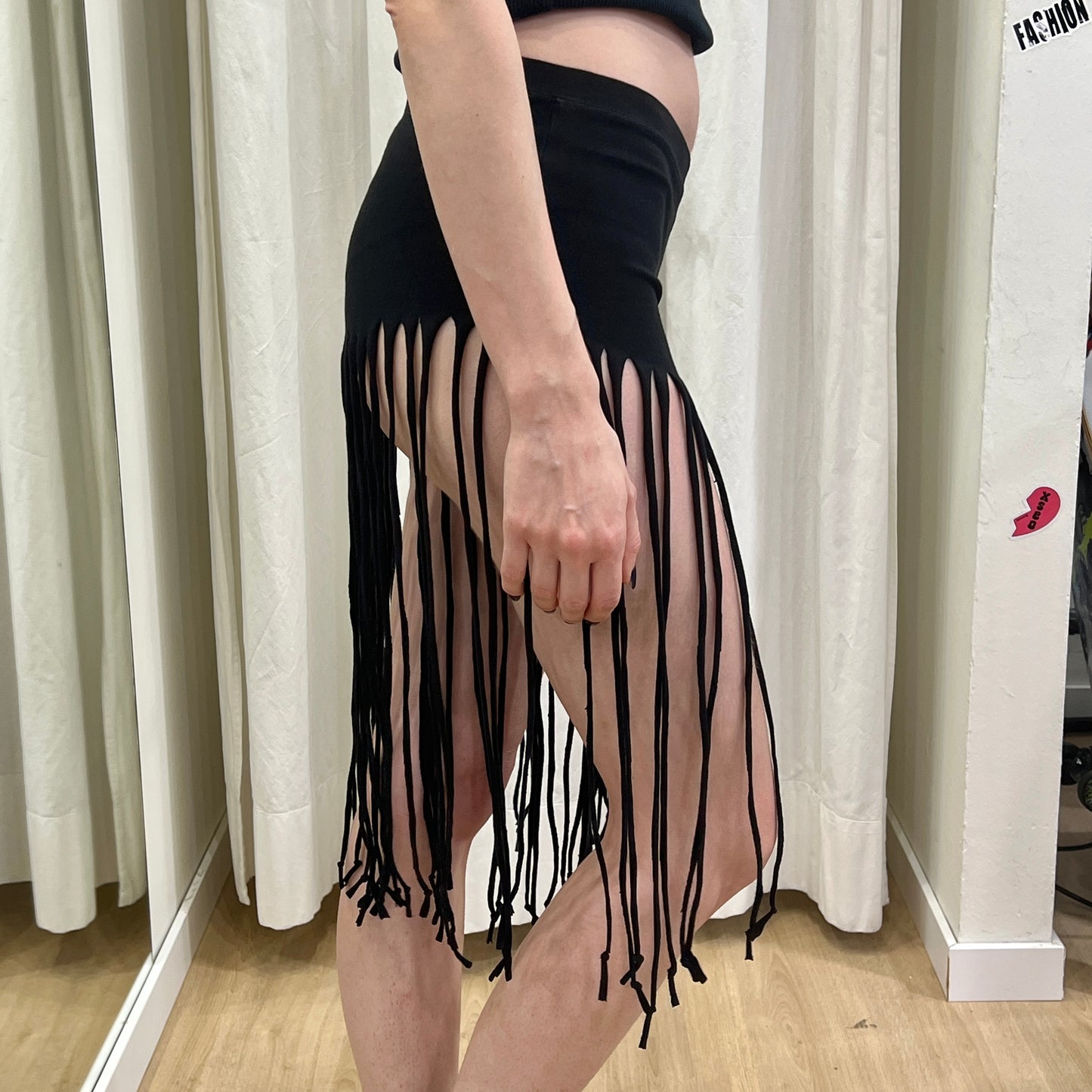 reworked black capri leggings with fringes