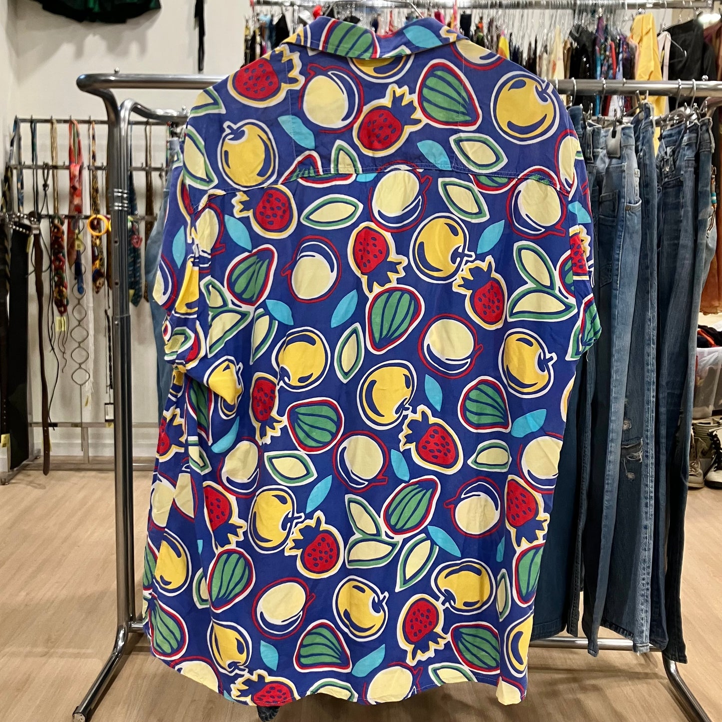 90s blue short sleeve shirt with yellow red fruit print