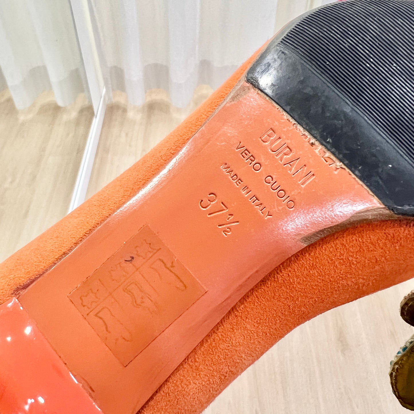mariella burani 00s orange suede heels with colorful flower