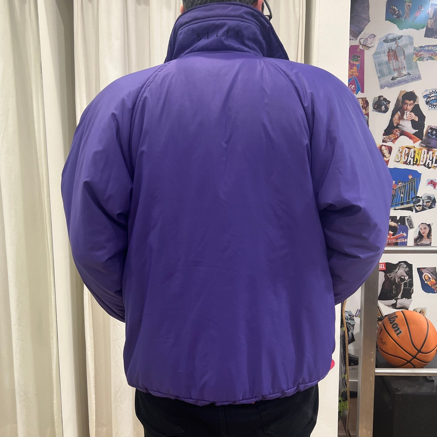 belfe 90s purple puffer jacket with padded shoulders