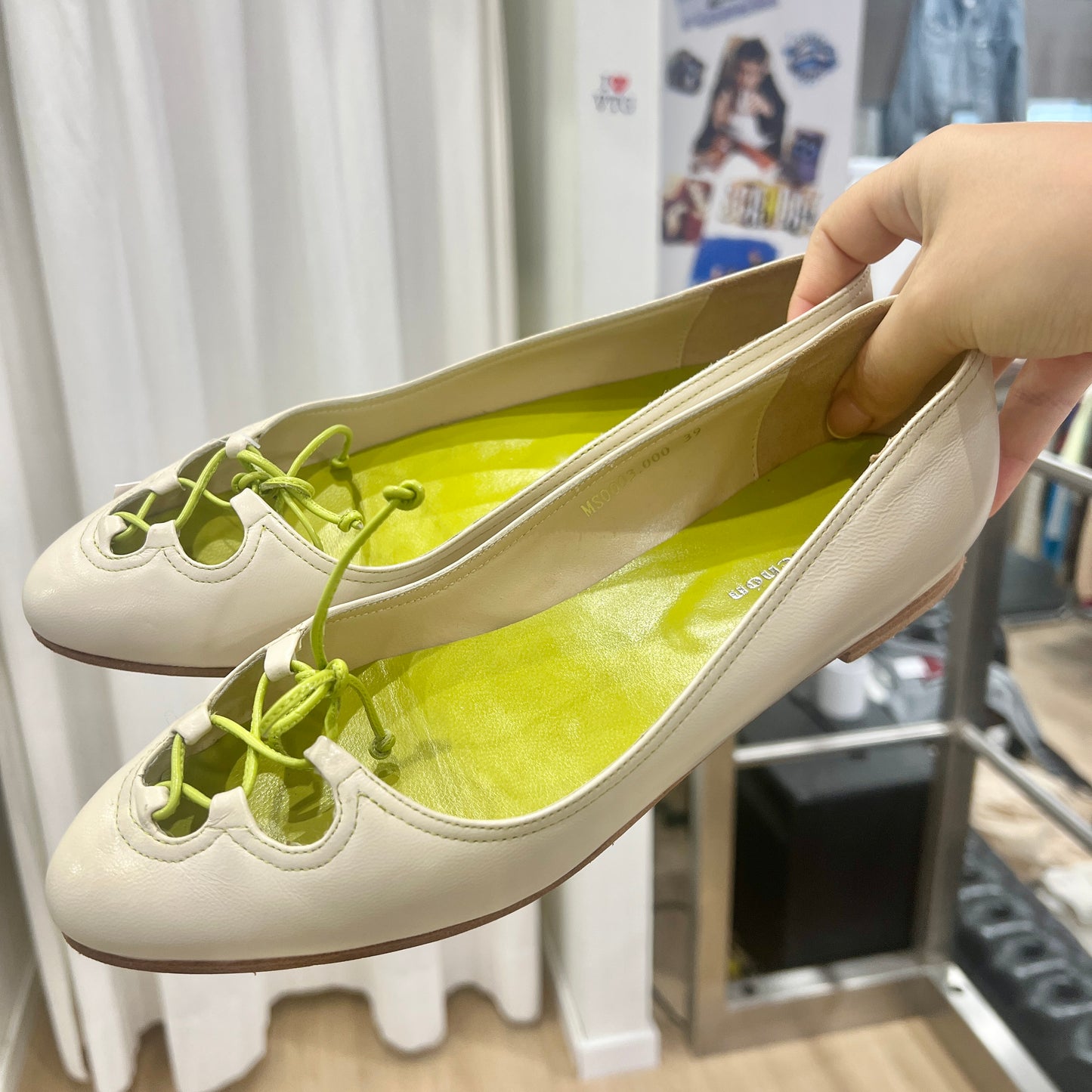 mila schon white leather lime green interior ballet flats