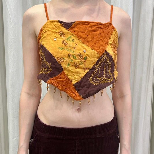savage culture 00s brown orange patchwork triangle crop top with beaded fringes
