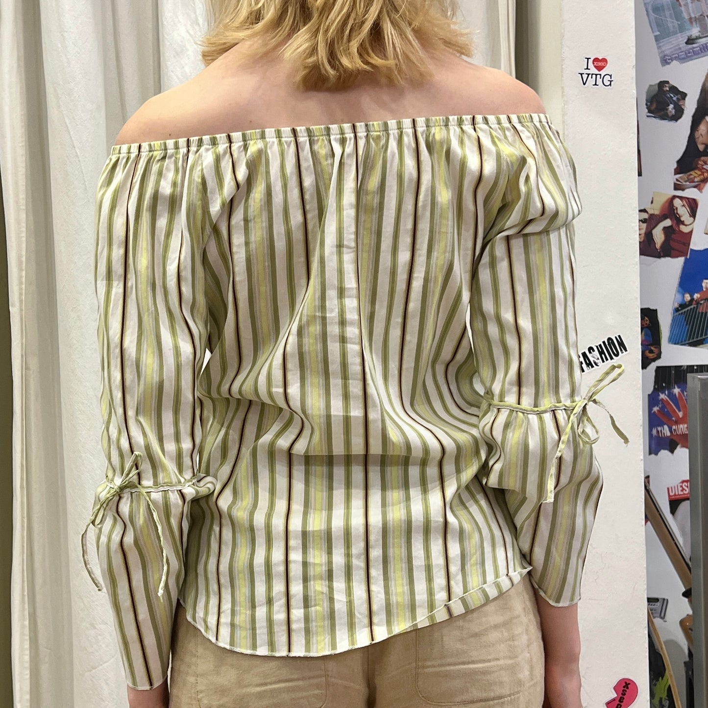 benetton 00s green white striped off the shoulder shirt