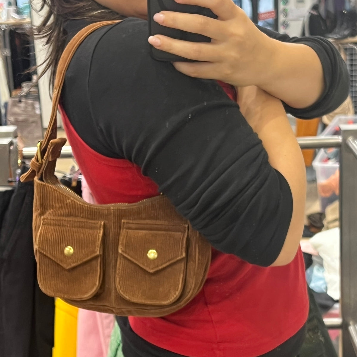 brandy melville brown corduroy mini shoulder bag with pockets