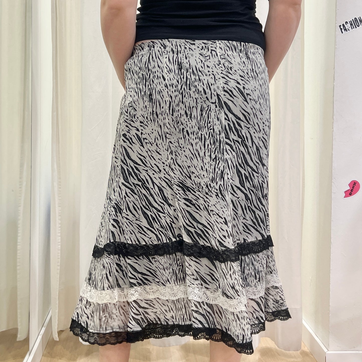 pietraluna 00s black white zebra print midi skirt with lace trim