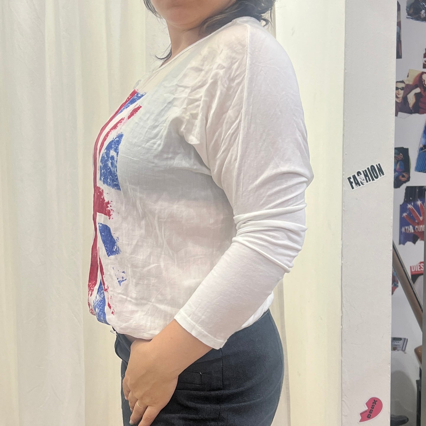 00s white baloon silk blend long sleeve top with uk flag