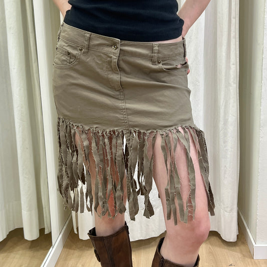 reworked brown denim midi skirt with fringes and heart cut outs