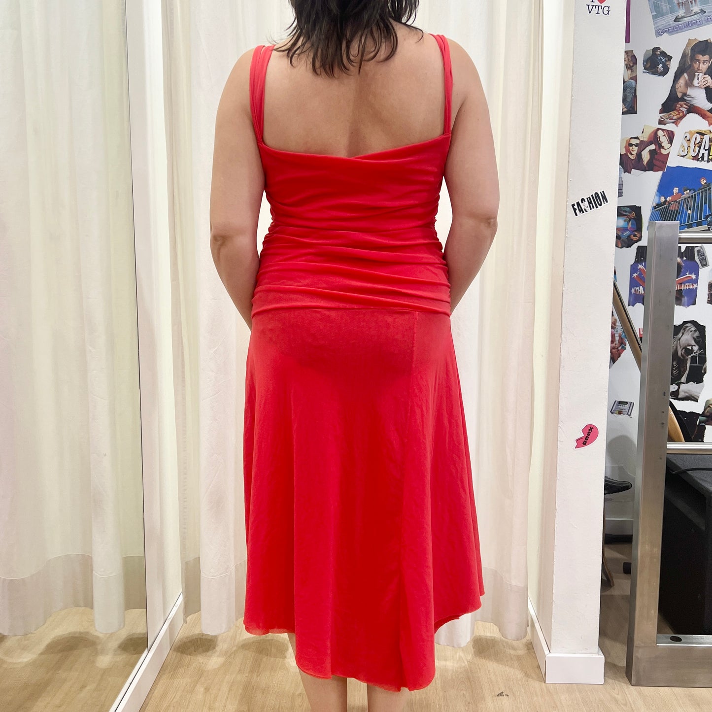 00s red mesh asymmetrical midi dress with slit