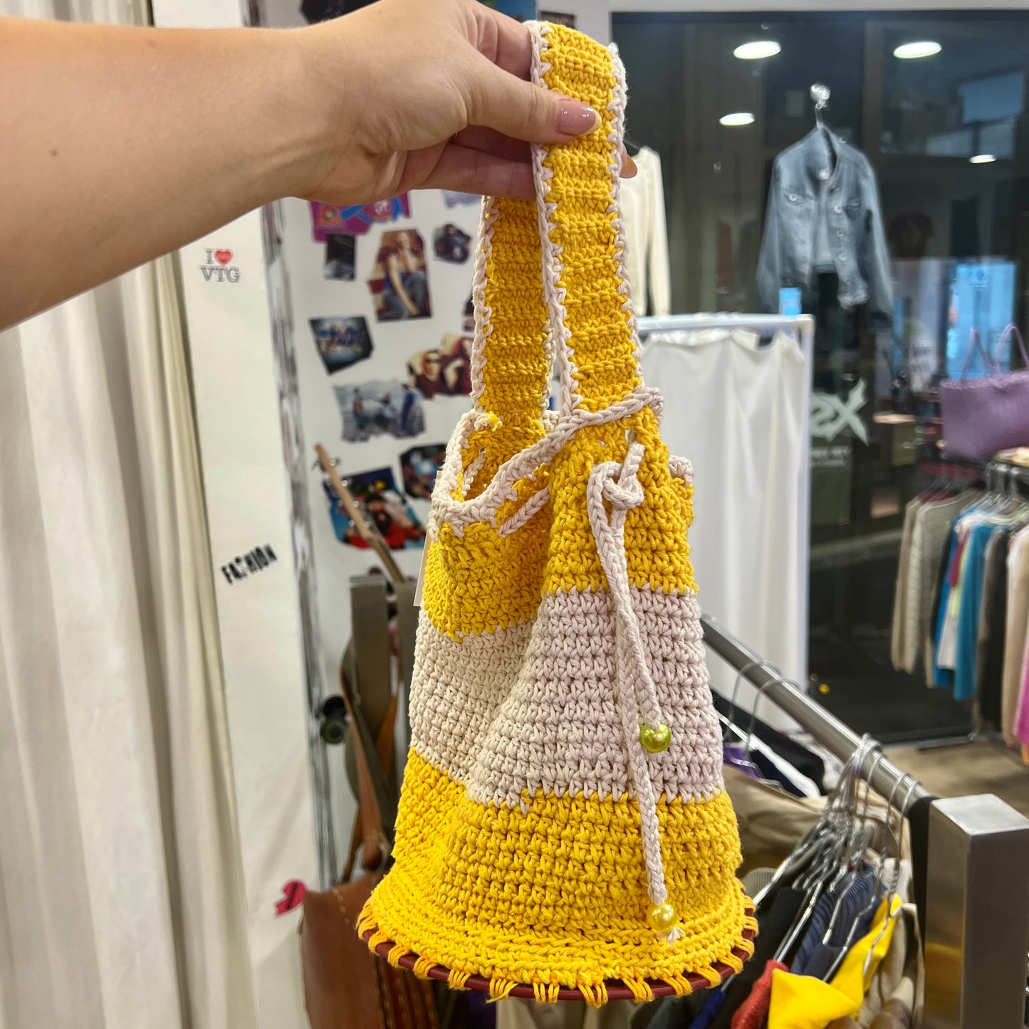 yellow white crochet bucket bag with flower