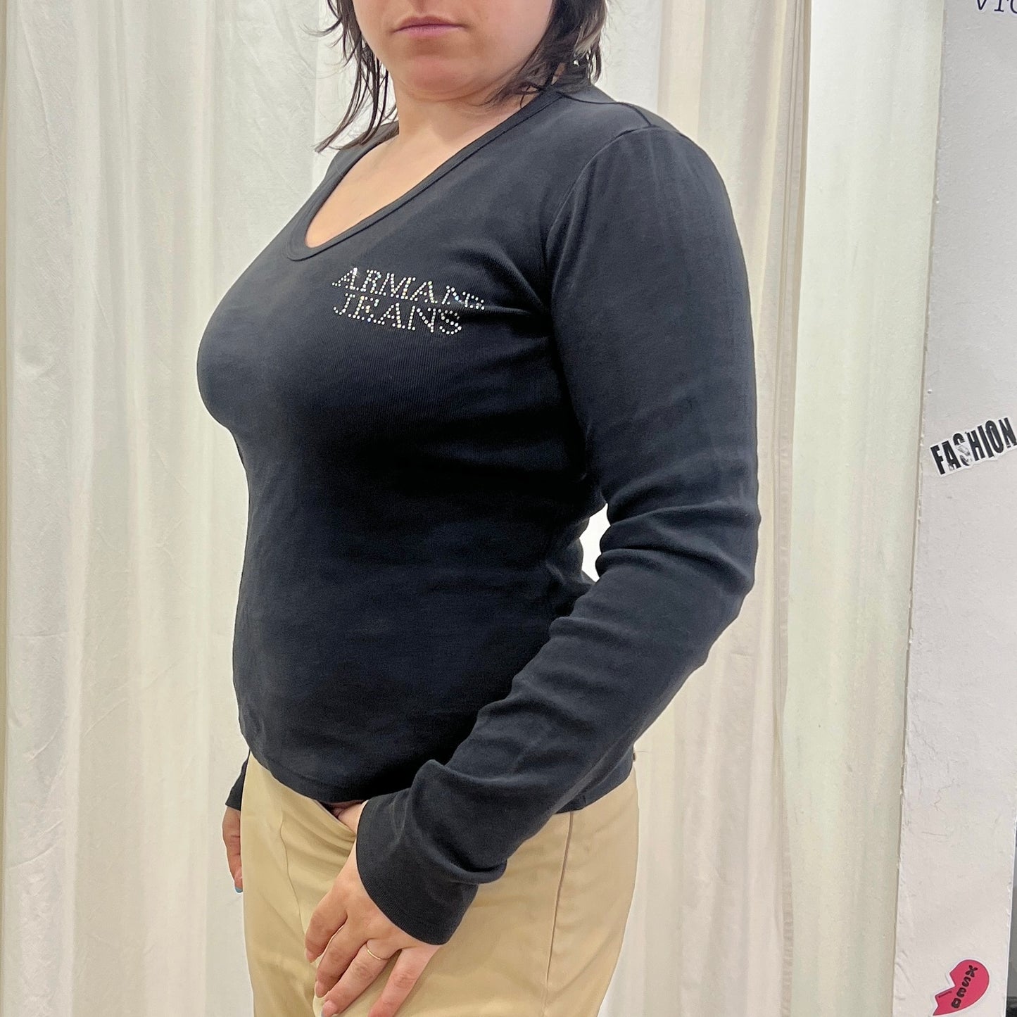 AJ armani jeans 00s black long sleeve top with rhynestone logo