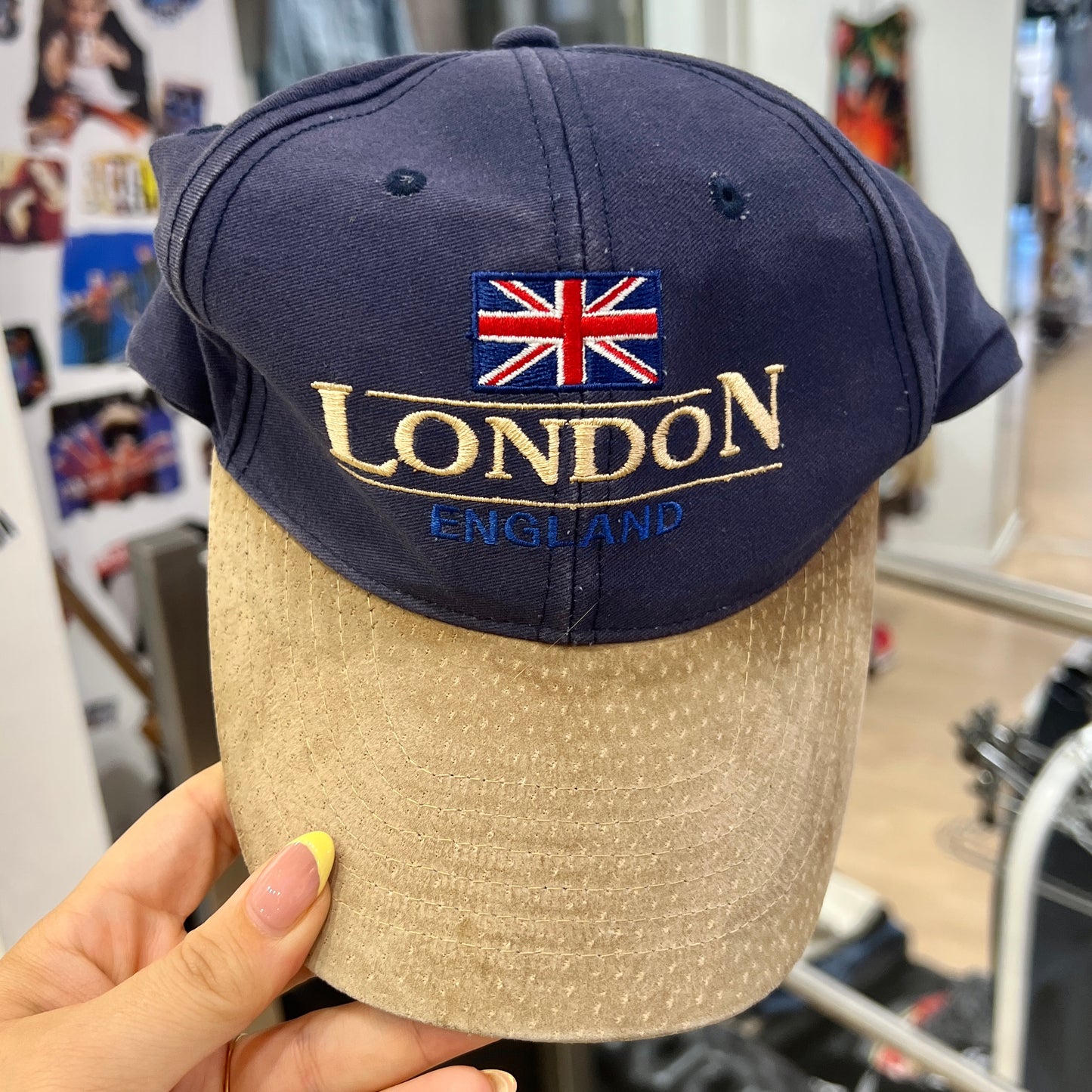 navy blue london union jack baseball cap with tan faux suede visor