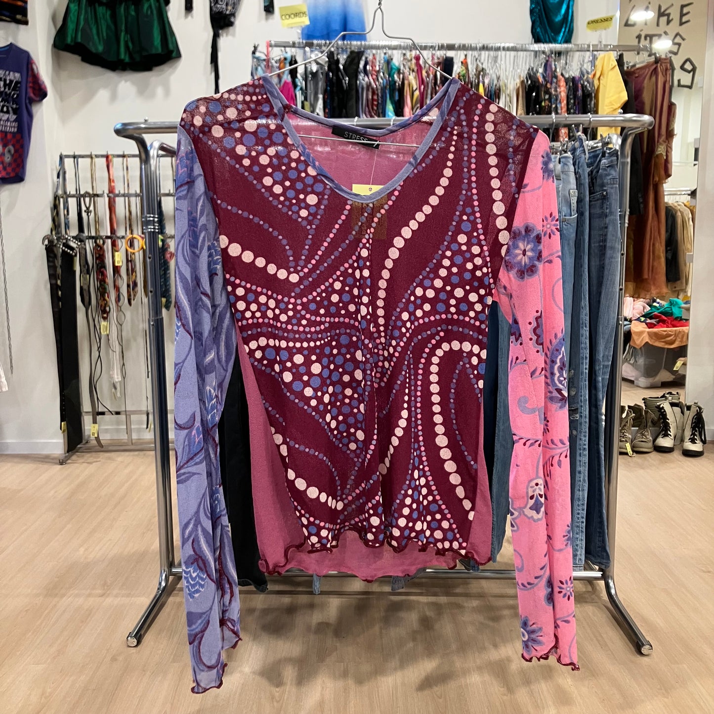 stress burgundy purple mesh floral lettuce hem long sleeve top