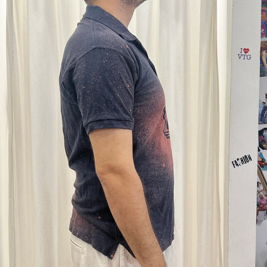 reworked navy blue polo tshirt with island sunset bleach print