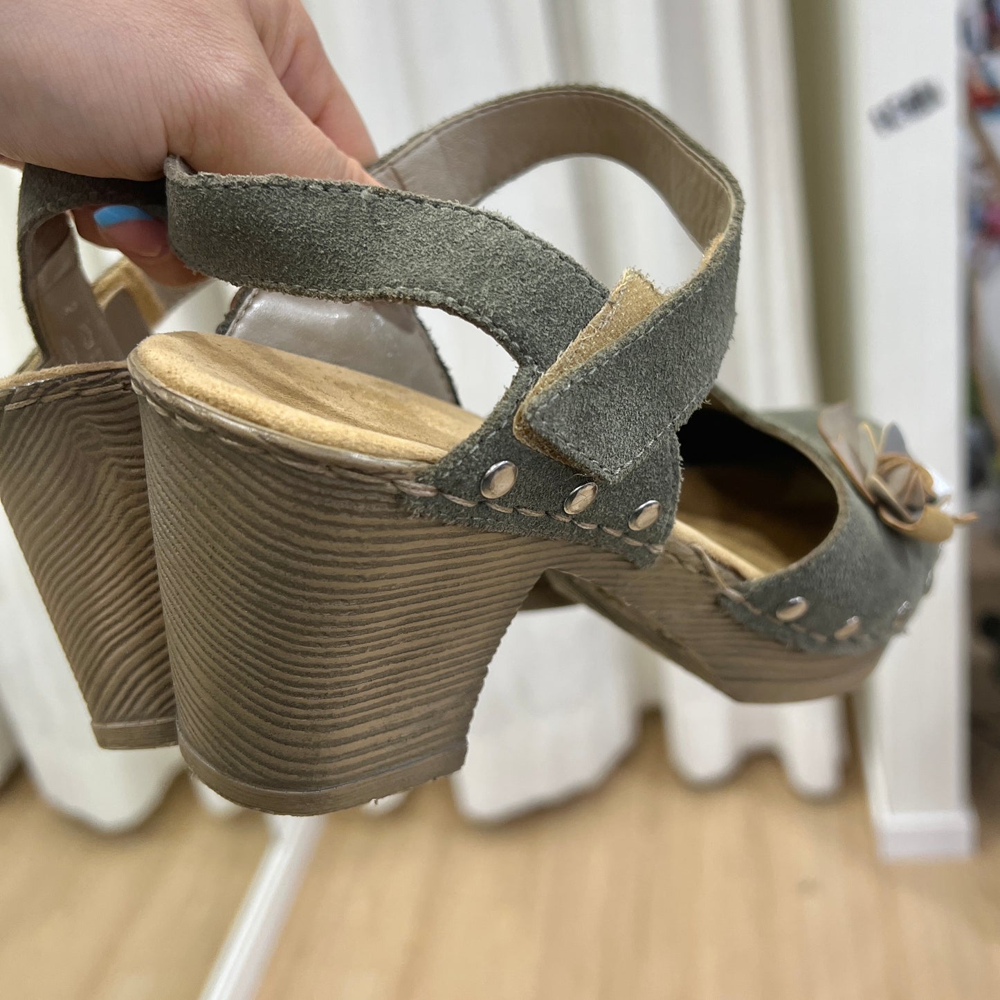 rieker 00s grey suede wooden clog heel sandals