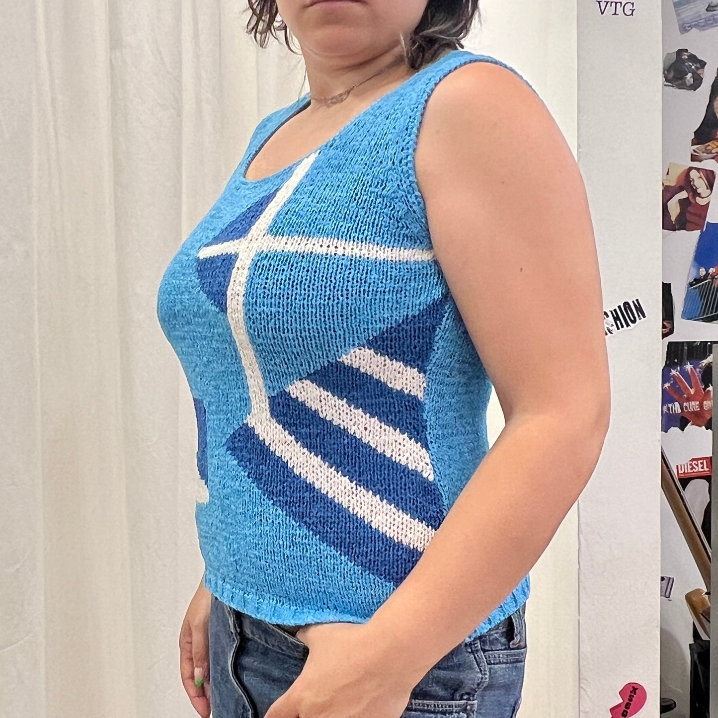 xiong ye 00s blue geometric print knit tank top